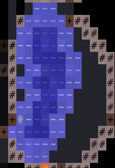 An animation of a text-based dungeon showing a lake made of cells of different shades of blue. The shades of blue flicker lighter and darker over time, like there's light playing off rippling surface of the water.