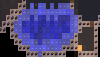 An animation of a text-based dungeon showing a lake made of cells of different shades of blue. The cells randomly shift to shades of blue, red, and brown that don't resemble water.