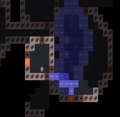A text-based dungeon showing some walls in various shades of granite, a glowing torch, and a glimpse of a blue lake. Parts of the dungeon are shown in dimmed colors, representing the player's memory. Tiles the player can actively see are illuminated in bright color. Tiles the player has never seen are black.